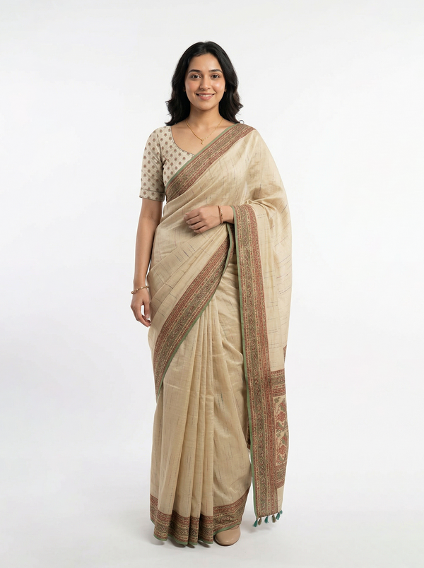 Semi Jute Cream Beige Woven Border Saree