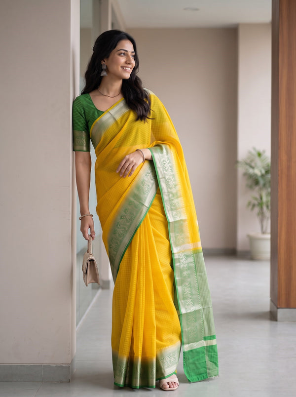 Chanderi Cotton Golden Yellow Check Weave Saree with Green Ornate Zari Pallu