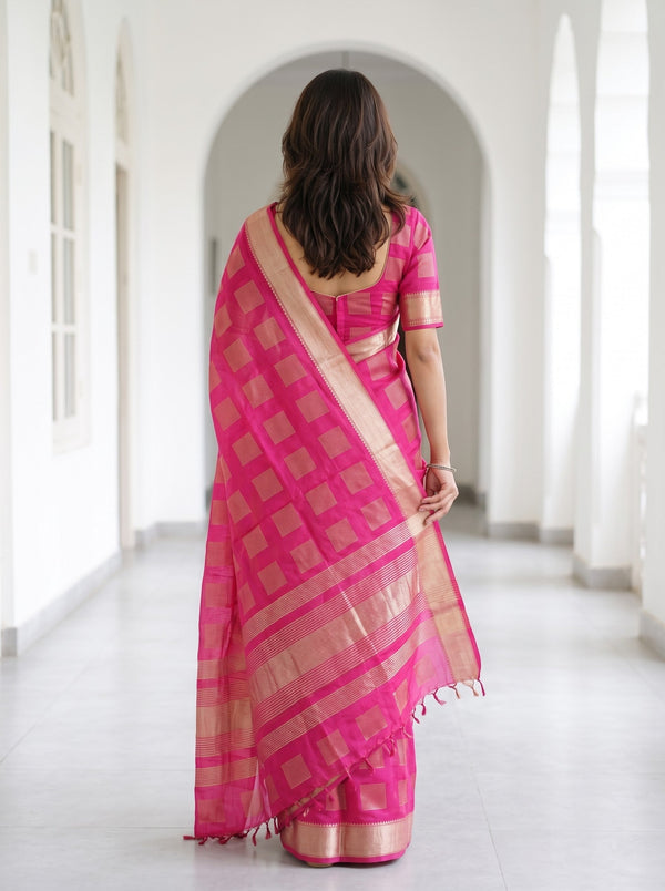 Semi Silk Magenta Pink Check Weave Saree with Golden Striped Pallu