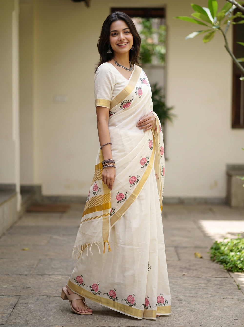 Cotton Cream Printed Floral Kerala Saree with Pink Lotus Motif