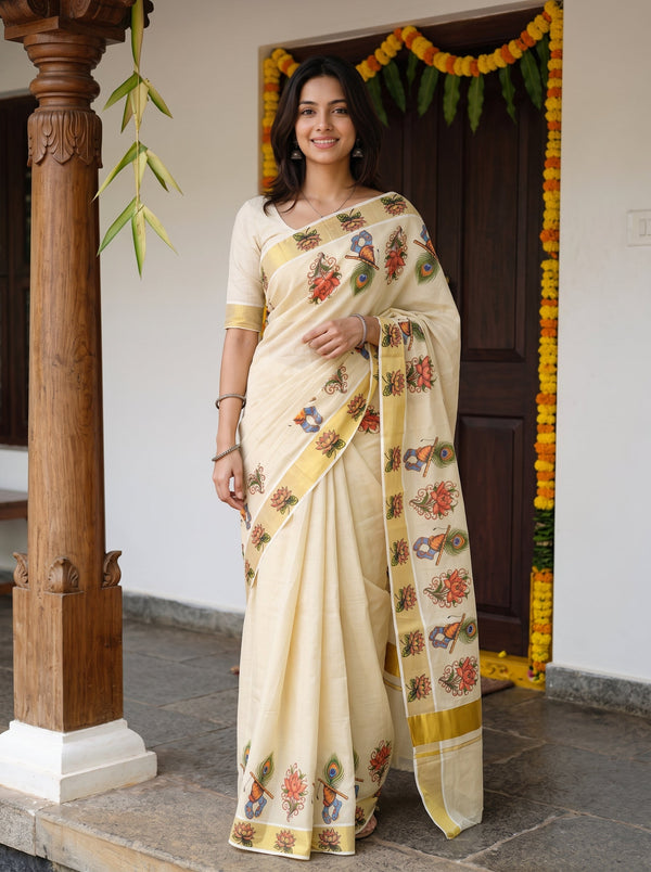 Tissue Cream Mural Art Lotus Peacock  Onam Special Kerala Saree with Golden Border