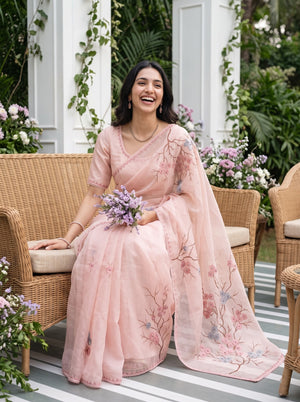 Organza Peach Saree with Cherry Blossom Branch Print