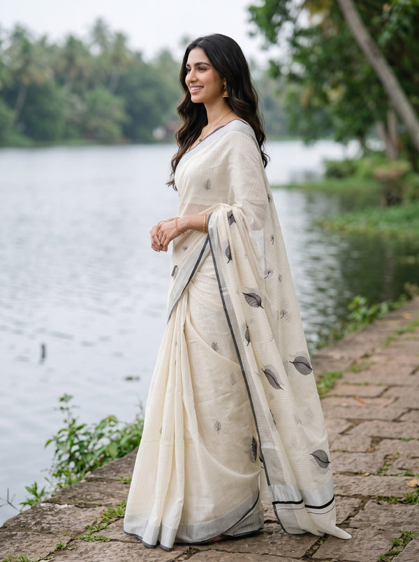 Cotton Off-White Black Leaf Print Onam Special Kerala Saree