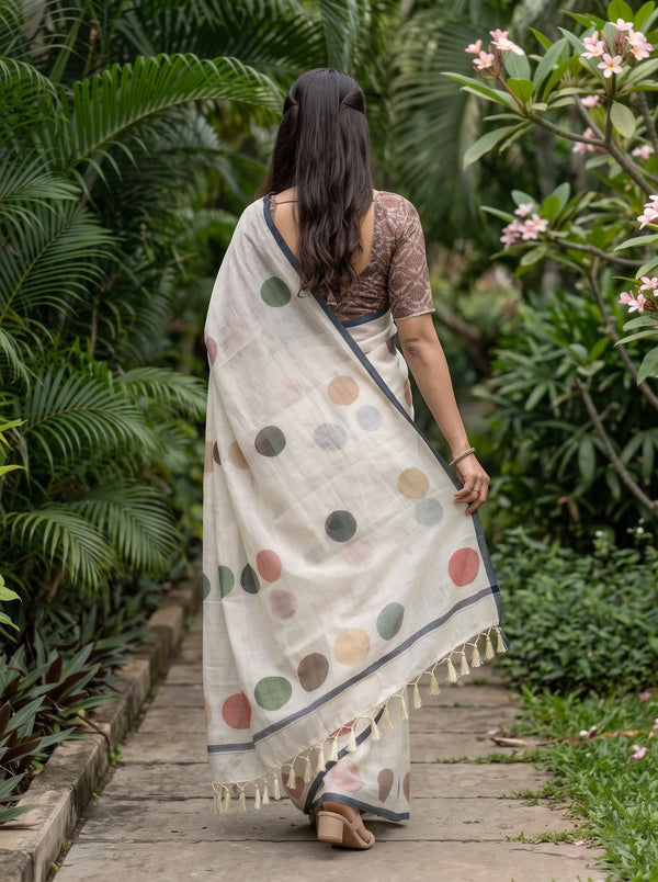Cotton Linen Saree in Cream with Scattered Multicolor Circle Print and Dark Grey Trim