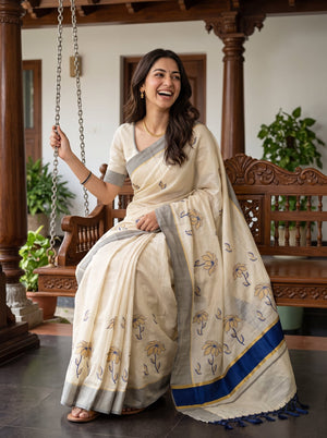 Tissue Cream Golden Navy Blue Floral Embroidered Pallu Broad Blue Zari Border Kerala Saree