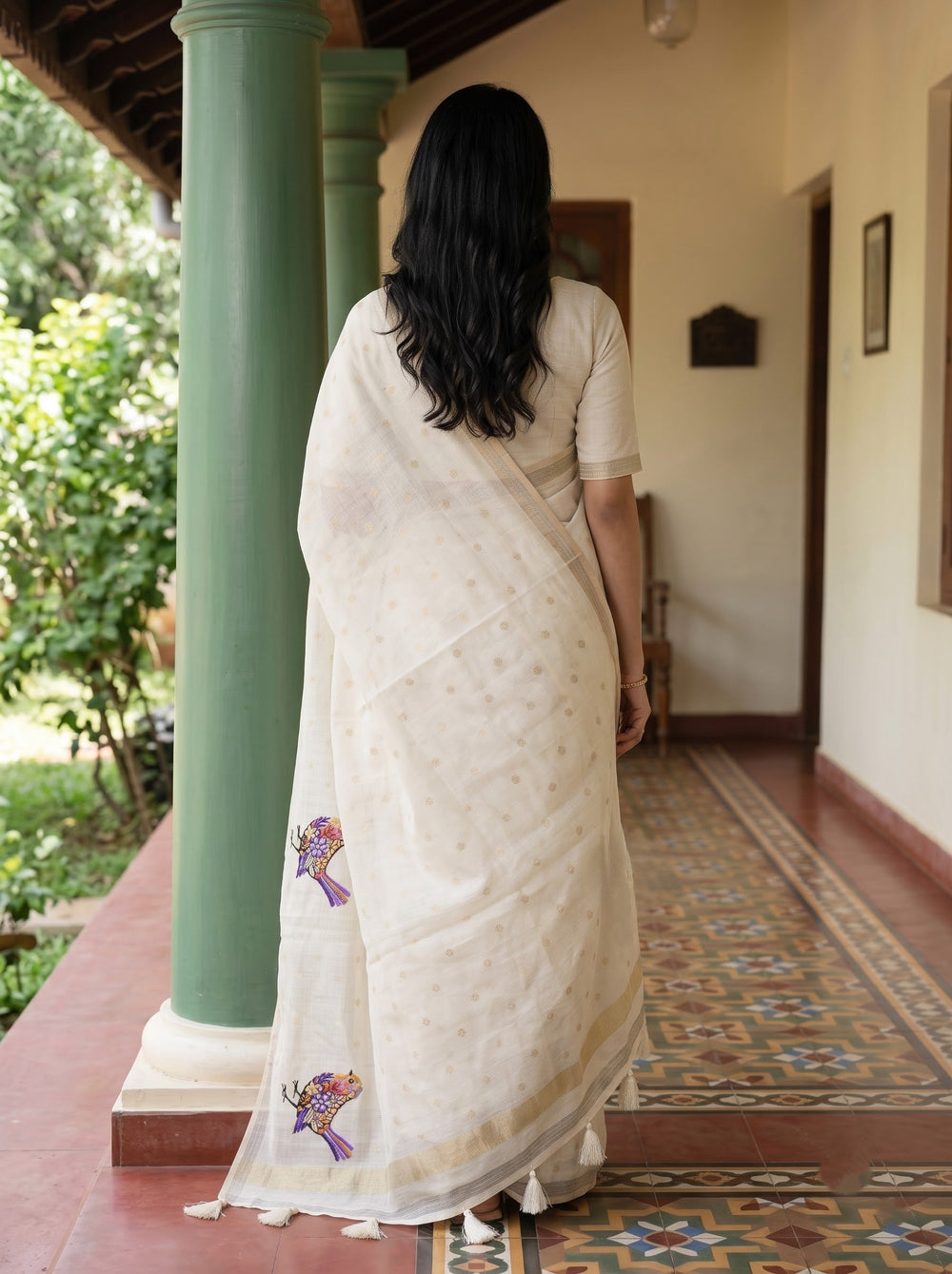 Kota Doria Off White Multicolour Bird Motif Saree with Golden Border