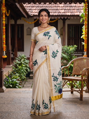 A woman wearing a cream-colored silk saree with green leaf prints and gold borders, standing in a traditional courtyard with a wooden chair and tiled roof in the background.