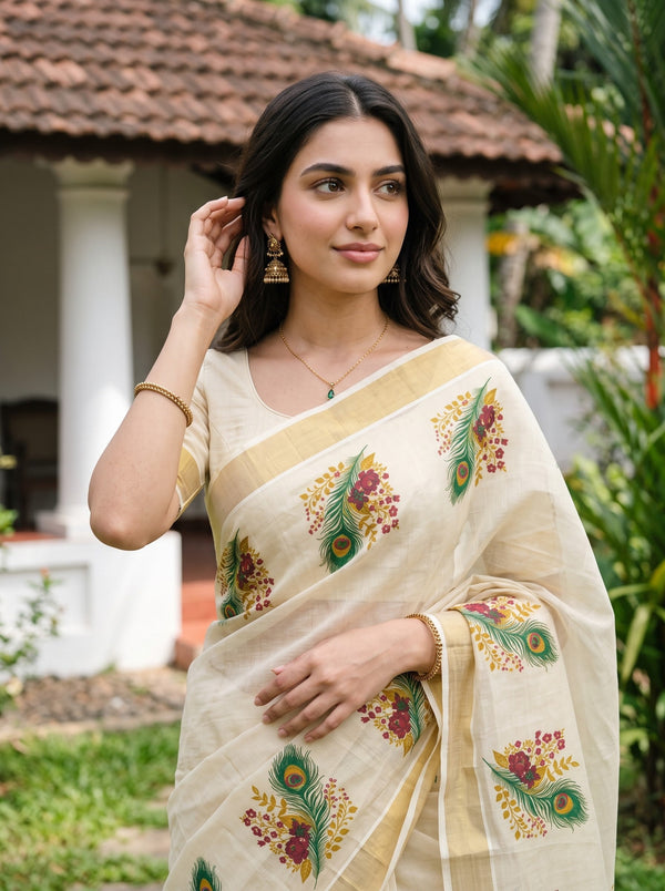 Tissue Cream Kerala Saree with Peacock Feather Floral Print Pallu, Golden Zari Border