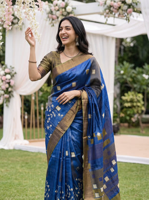Tussar Silk Royal Blue Saree with Geometric Checks Printed Pallu