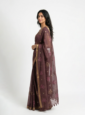 Chanderi  Wine Brown Embroidered Border Saree