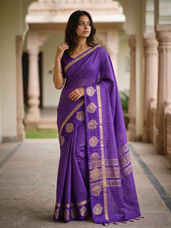Semi Silk Violet Check Weave Saree with Golden Paisley Border