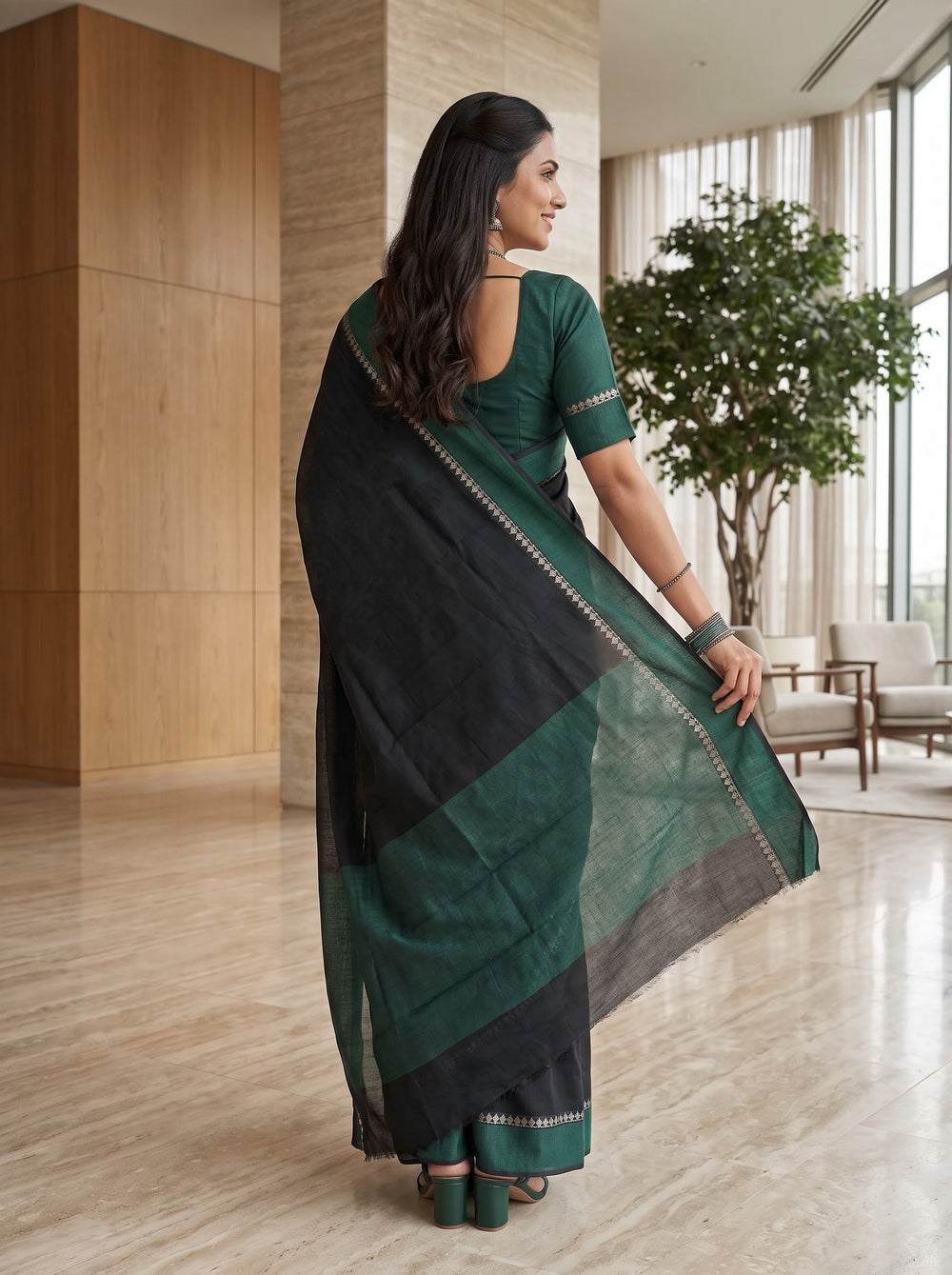 Cotton Silk Bottle Green Black Dual-Tone Saree