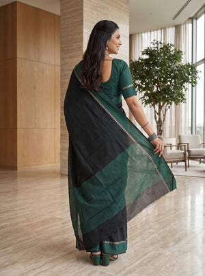 Cotton Silk Bottle Green Black Dual-Tone Saree