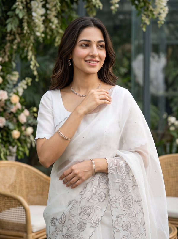 Organza Cream Ivory Grey Thread Rose Vine Applique Embroidered Pallu Sequin Dot Body Saree