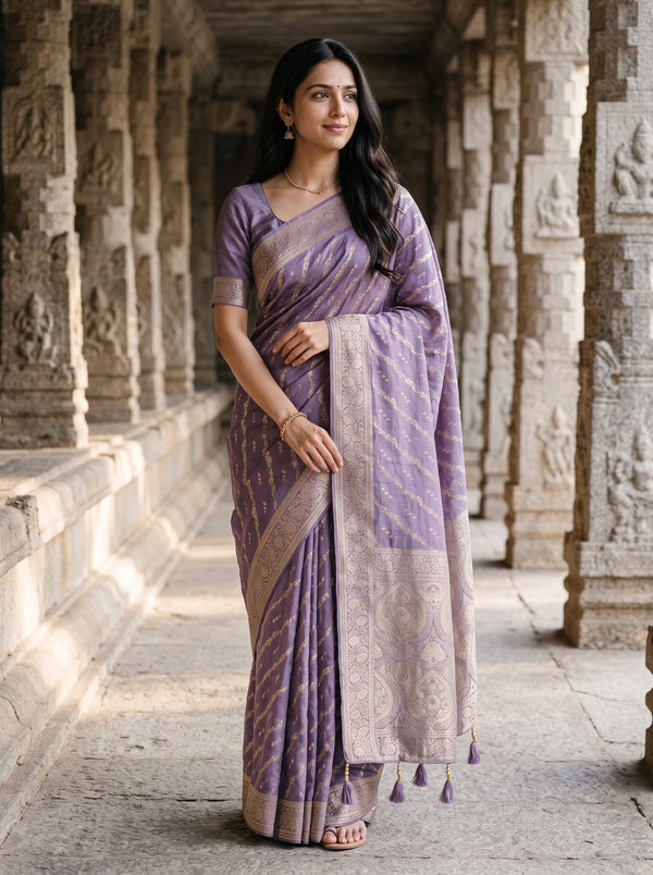 Banarasi Mauve Purple Golden Zari Kalka Paisley Jaal Pallu Saree with Diagonal Floral Vine Butta
