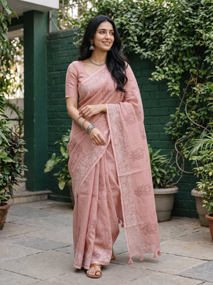 Chanderi Peach Pink Rose Bud Embroidered Saree with Cream Floral Vine Lace Border