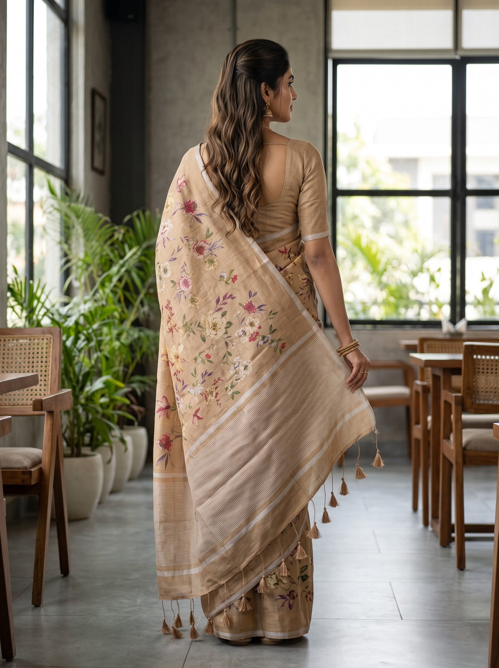Linen Beige Multicolor Watercolor Floral Print Saree