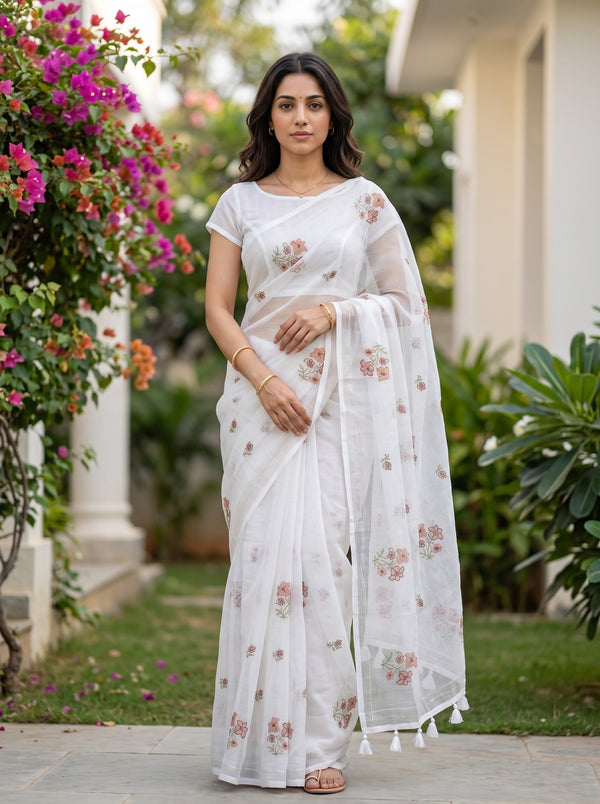 Kota Doria White Pink Floral Cross-Stitch Embroidery Saree