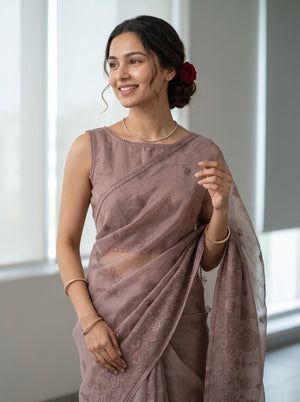 Organza Mauve Embroidered Floral Saree with Tasseled Pallu