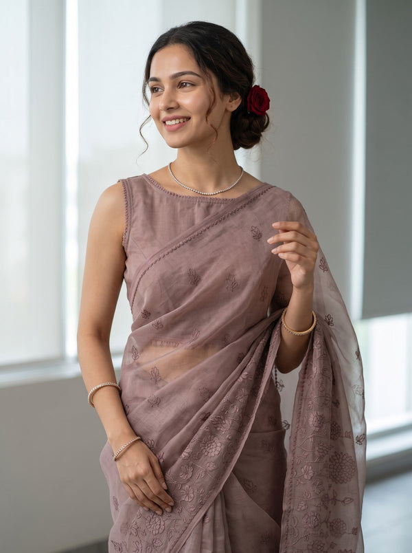 Organza Mauve Embroidered Floral Saree with Tasseled Pallu