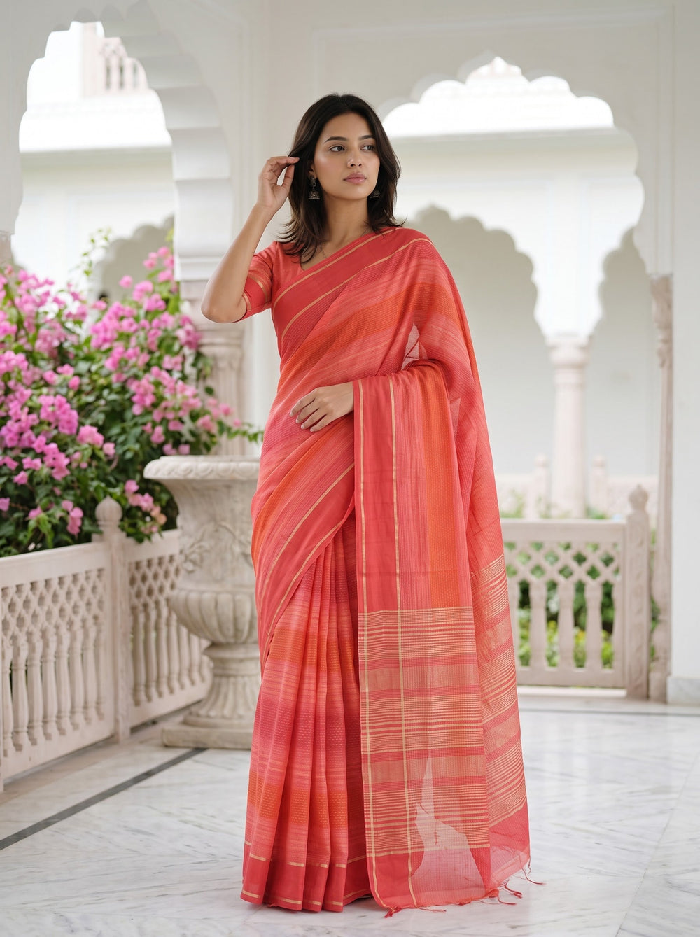 Chanderi Cotton Red Ombre Vertical Stripe Saree with Golden Zari Pallu