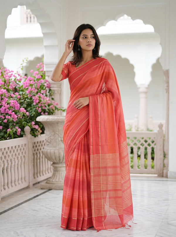 Chanderi Cotton Red Ombre Vertical Stripe Saree with Golden Zari Pallu