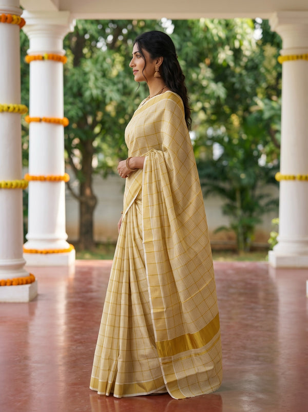 Tissue Cream Golden Checked Onam Special Kerala Saree