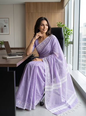 Cotton Lavender Lilac White Jamdani Woven Floral Vine Pallu Butta Saree