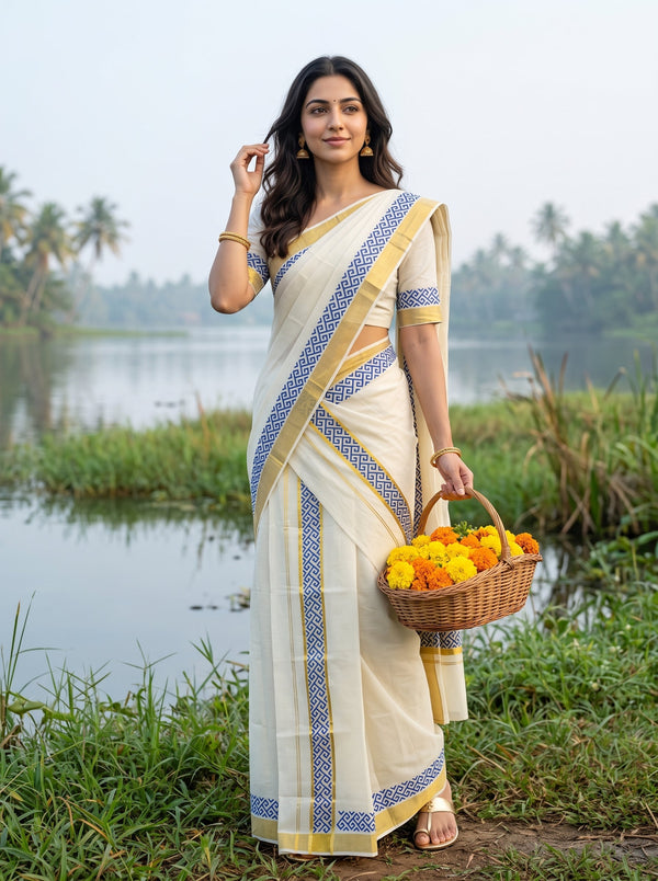 A woman wearing a cream-colored saree with blue and gold borders stands outdoors by a lake, holding a basket of orange marigold flowers. The background shows green grass, water, and distant palm trees.