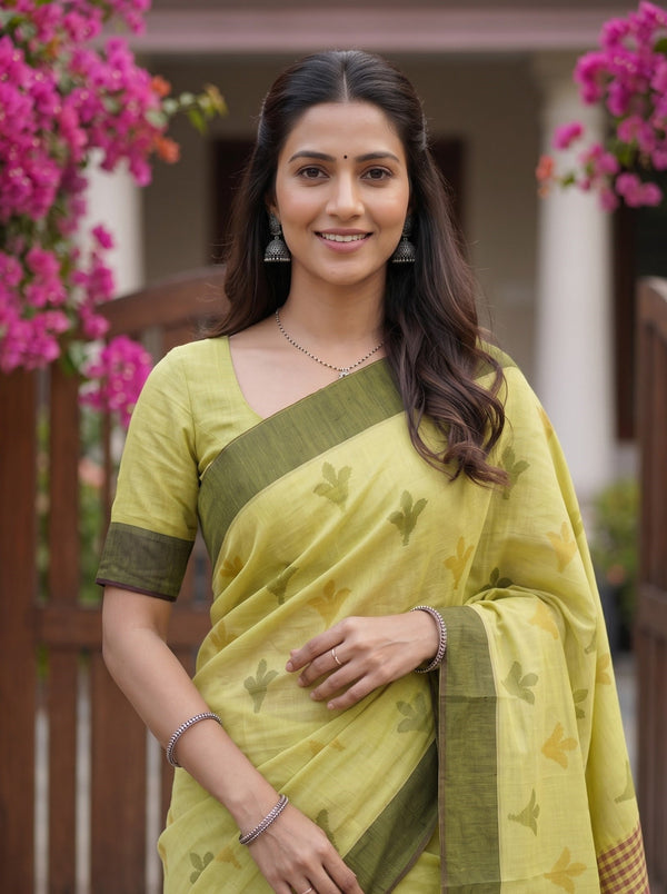 Cotton Lime Green Rust Floral Burst Checkered Saree