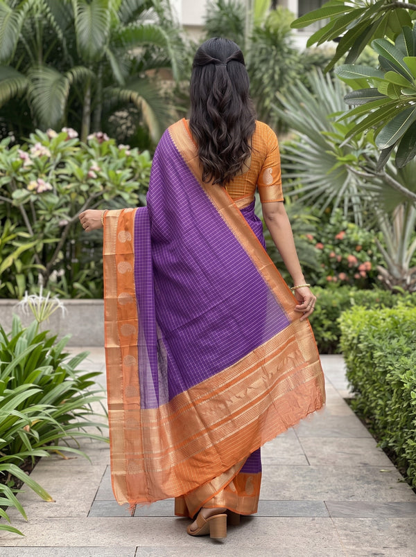 Chanderi Cotton Purple Orange Checkered Paisley Border Saree