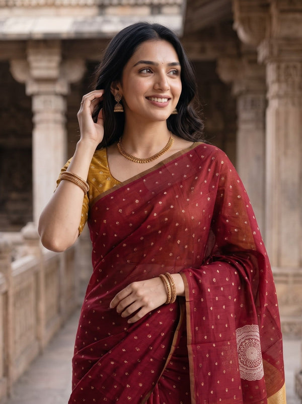 Cotton Silk Maroon Golden Polka Dot Mandala Mustard Brocade