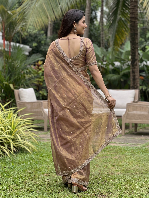 Chiffon Onion Brown stone Embellished Border Saree