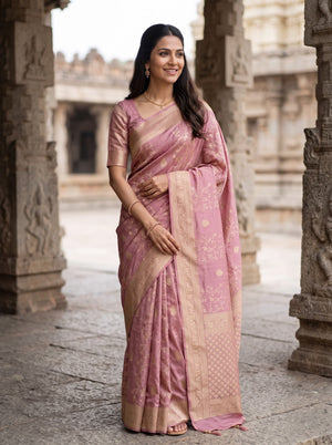 Banarasi Dusty Rose Pink Golden Zari Floral Jaal Pallu Tassels Saree