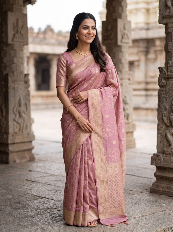 Banarasi Dusty Rose Pink Golden Zari Floral Jaal Pallu Tassels Saree