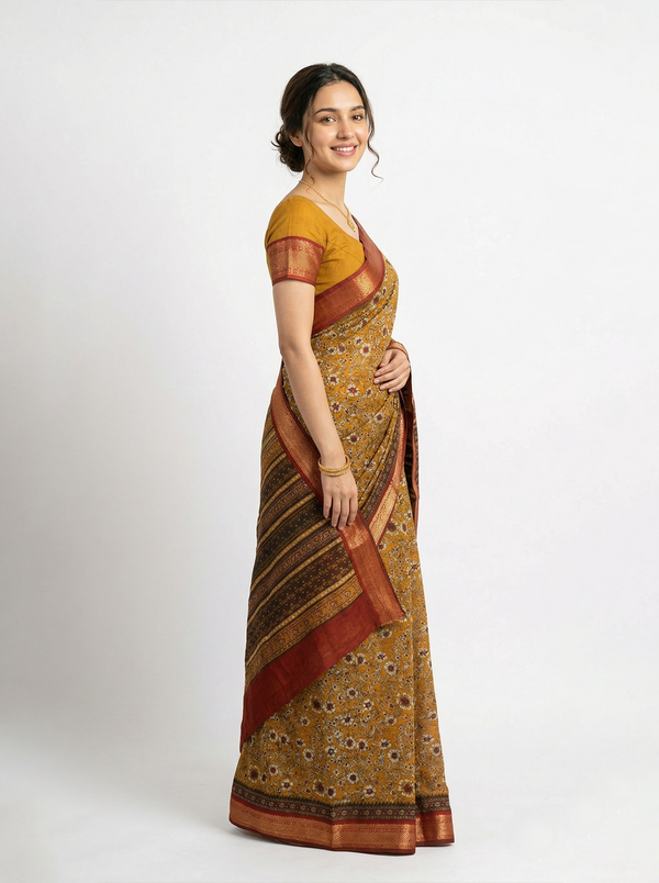 Chanderi Mustard Yellow Floral Printed Saree