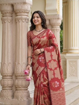 Semi Silk Red Floral Bouquet Medallion Print Saree with Tassels