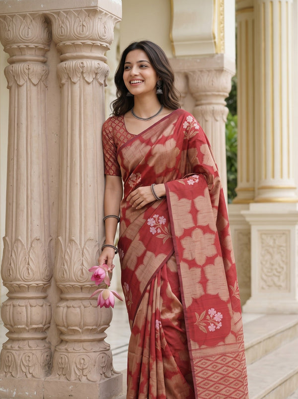 Semi Silk Red Floral Bouquet Medallion Print Saree with Tassels