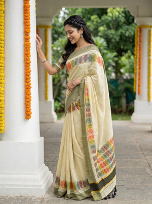 Tissue Cream Multicolor Circle Print With Black Tassels Onam Special Kerala Saree