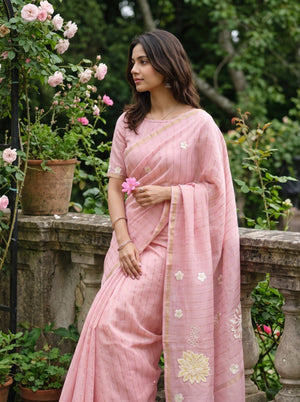 Pure Chanderi Pink Floral Embroidery Chrysanthemum Motif Fringe Saree