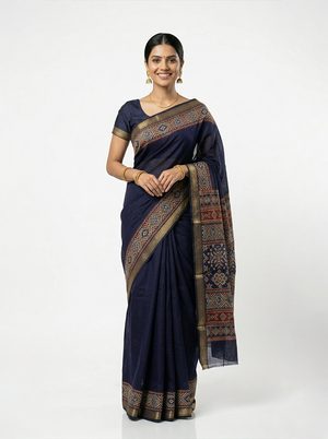 Chanderi Navy Blue Traditional Ikat Saree