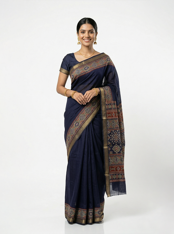 Chanderi Navy Blue Traditional Ikat Saree