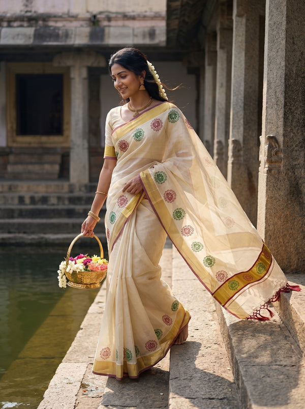 Tissue Cream Kerala Saree with Lotus Motif Print Border, Golden Zari and Maroon Border