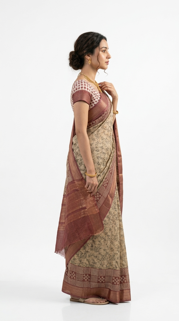 Cotton Beige Floral Printed Saree with Maroon Border