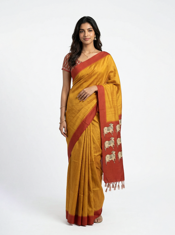 Semi Jute Mustard Yellow Traditional Design Saree