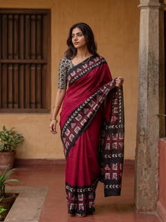 Mul Cotton Black Tribal Batik Print Saree