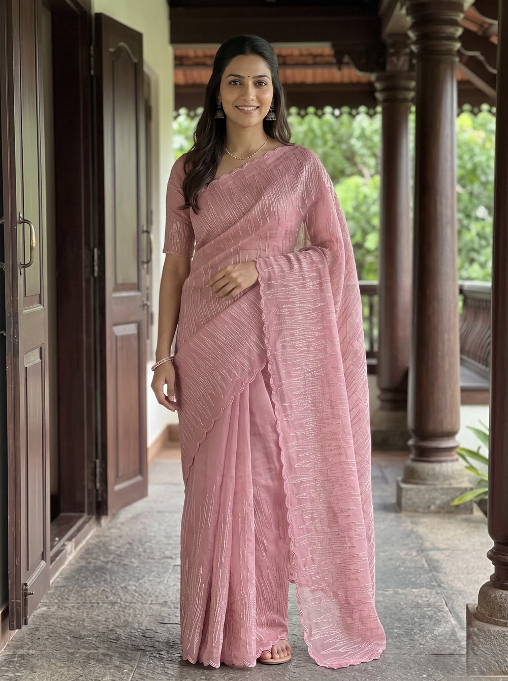 Organza Pink Saree with Abstract Line Embroidery