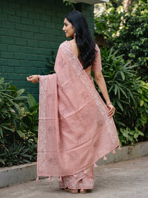 Chanderi Peach Pink Rose Bud Embroidered Saree with Cream Floral Vine Lace Border