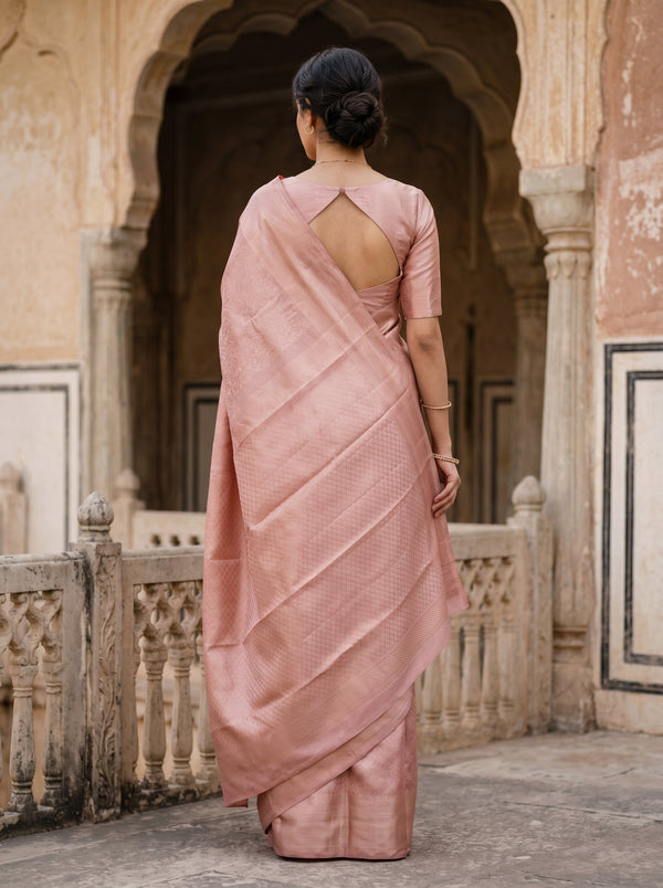 Kanjivaram Tissue Silk Blush Peach  Saree with All-Over Metallic Sheen & Clean Self Border