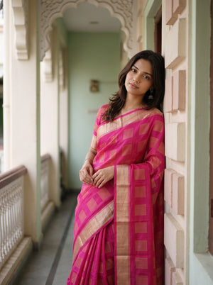Semi Silk Magenta Pink Check Weave Saree with Golden Striped Pallu